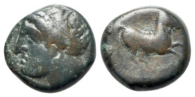 Sicily, Carthaginian Domain, c. 375-350 BC. Æ (15mm, 4.52g, 2h). Wreathed head of Tanit l. R/ Horse prancing r. MAA 15a; SNG Copenhagen 97; CNS III, 1...