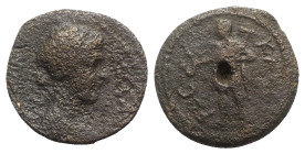Macedon, Thessalonica. Pseudo-autonomous issue, c. AD 138-161. Æ (21mm, 6.60g, 12h). Turreted and draped bust of Tyche r. R/ Kabeiros standing l., hol...
