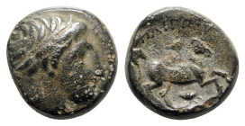Kings of Macedon, Philip II (359-336 BC). Æ (17mm, 7.22g, 2h). Uncertain mint in Macedon. Diademed head of Apollo r. R/ Youth on horseback r.; grain e...