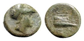 Kings of Macedon, Demetrios I Poliorketes (306-283 BC). Æ (11.5mm, 1.68g, 10h). Salamis. Helmeted head of Athena r. R/ Prow r.; monogram below. HGC 3....