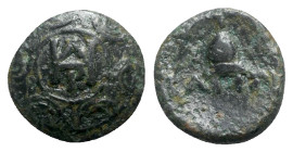 Kings of Macedon, Perseus (179-168 BC). Æ (15mm, 3.83g, 10h). Pella. Macedonian shield with monogram of Demetrios in central boss. R/ Macedonian helme...