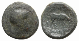 Macedon, Roman Protectorate. Time of Aemilius Paullus. Gaius Publilius (Quaestor, c. 168-167 BC). Æ (20mm, 7.73g, 1h). Helmeted head of Athena r. R/ C...