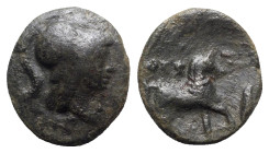 Thessaly, Thessalian League, 120-50 BC. Æ Dichalkon (17mm, 5.41g, 12h). Helmeted head of Athena r. R/ Horse trotting r. Cf. BCD Thessaly II 840. Good ...