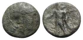 Aetolian League(?), c. 250-150 BC. Æ Hemiobol (16mm, 4.55g, 6h). Helmeted head of Athena r. R/ Herakles standing l., head r., holding lion-skin and cl...