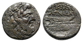 Korkyra. Roman rule, c. 229-48 BC. Æ (20mm, 7.67g, 12h). Philonid, magistrate. Head of Herakles r., wearing lion skin. R/ Prow of a galley r. SNG Cope...