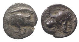 Mysia, Kyzikos, c. 450-400 BC. AR Hemiobol (6mm, 0.34g, 1h). Forepart of boar r.; tunny to l. R/ Head of roaring lion l., retrograde K to l.; all with...