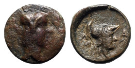 Mysia, Lampsakos, 4th-3rd century BC. Æ (14mm, 2.29g, 12h). Janiform head. R/ Helmeted head of Athena r. SNG BnF 1199. VF