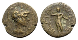 Mysia, Pergamum. Pseudo-autonomous issue, time of Commodus (177-192). Æ (14.5mm, 2.12g, 12h). Helmeted and draped bust of Athena r. R/ Nude male figur...