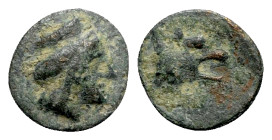 Mysia, Plakia(?), 4th century BC. Æ (10mm, 0.84g, 12h). Turreted head of Kybele r. R/ Lion head r. SNG BnF -; cf. SNG Copenhagen 544. Green patina, ne...