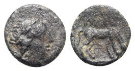 Troas, Alexandria, c. 261-227 BC. Æ (10mm, 0.72g, 6h). Laureate head of Apollo r. R/ Horse grazing r. Cf. SNG Copenhagen 68. Near VF