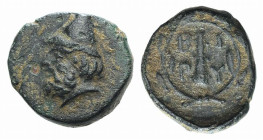 Troas, Birytis, c. 350-300 BC. Æ (11mm, 1.25g, 9h). Head of Kabeiros l., wearing pileos; two stars above. R/ Club within wreath. SNG Copenhagen 249. G...