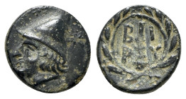 Troas, Birytis, 4th-3rd centuries BC. Æ (12mm, 1.22g, 12h). Head of Kabeiros l., wearing pileos; two stars above. R/ Club within wreath. SNG Arikantür...