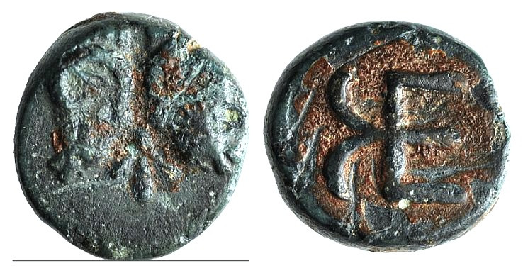 Troas, Kebren, c. 420-412 BC. Æ (9mm, 1.11g, 9h). Confronted ram’s heads. R/ KE ...