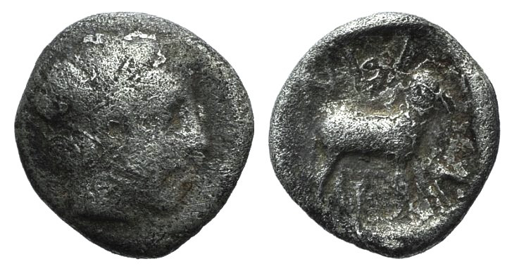 Troas, Neandria, 4th century BC. AR Obol (8mm, 0.48g, 12h). Laureate head of Apo...