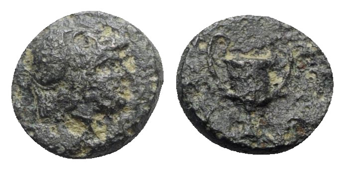 Lesbos, Methymna, c. 350-240 BC. Æ (10mm, 1.51g, 7h). Helmeted head of Athena r....