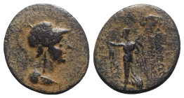 Seleukis and Pieria, Apameia on the Axios, 1st century BC. Æ (23mm, 7.94g, 12h). Helmeted bust of Athena r. R/ Nike standing l., holding wreath and pa...