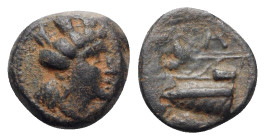 Phoenicia, Arados, c. 242/1-167/6 BC. Æ (15mm, 2.98g, 12h). Turreted head of Tyche r. R/ Athena standing l. on prow of galley l.; monogram to upper r....