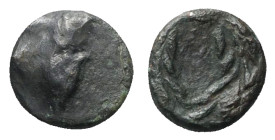 Uncertain mint, Æ (9mm, 1.20g). Uncertain. R/ Laurel wreath. Good Fine