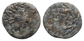 Judaea, Procurators. Antonius Felix (52-59 CE). Æ Prutah (17mm, 1.91g, 5h). Jerusalem, year 14 of Claudius (54/5). Legend within wreath tied at bottom...