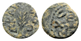 Judaea, Procurators. Porcius Festus (59-62 CE). Æ Prutah (15mm, 1.46g). Jerusalem. Legend within wreath. R/ Palm branch. Cf. RPC I 4972. Green patina,...