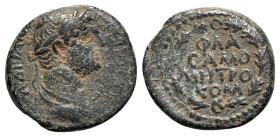 Hadrian (117-138). Commagene, Samosata. Æ (18mm, 4.49g, 6h), uncertain year. Laureate and draped bust r. R/ Legend in four lines within wreath. RPC II...