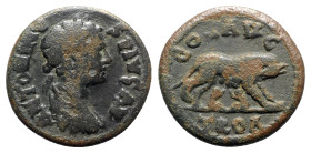 Caracalla (198-217). Troas, Alexandria. Æ As (23mm, 6.39g, 6h). Laureate, draped and cuirassed bust r. R/ She-wolf standing r., head l., suckling the ...