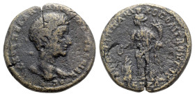 Diadumenian (Caesar, 217-218). Moesia Inferior, Nicopolis ad Istrum. Æ (27mm, 12.65g, 6h). Agrippa, consular legate. Bare head r. R/ Homonia standing ...