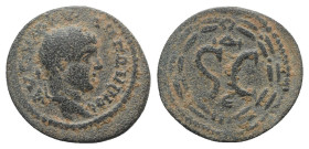 Elagabalus (218-222). Seleucis and Pieria, Antioch. Æ (21mm, 4.92g, 6h). Laureate head r. R/ Large SC, Δ above, Є below; all within laurel wreath. McA...