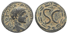 Elagabalus (218-222). Seleucis and Pieria, Antioch. Æ (18mm, 4.68g, 12h). Laureate head r. R/ Large SC, Δ above, Є below; all within laurel wreath. Mc...