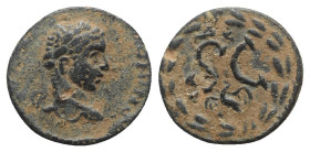 Elagabalus (218-222). Seleucis and Pieria, Antioch. Æ (18mm, 4.35g, 7h). Laureate head r. R/ Large SC; Δ Є above, eagle below; all within laurel wreat...