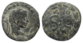 Elagabalus (218-222). Seleucis and Pieria, Antioch. Æ (19.5mm, 4.33g, 12h). Laureate head r. R/ S • C, Δ Є above, eagle below; all within laurel wreat...