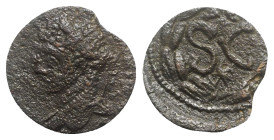 Elagabalus (218-222). Seleucis and Pieria, Antioch. Æ (17mm, 4.34g, 6h). Radiate head l. R/ S • C; Δ Є above, eagle below; all within laurel wreath fa...