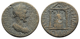 Philip I (244-249). Pamphylia, Perge. Æ (25mm, 8.27g, 12h). Laureate, draped and cuirassed bust r. R/ Distyle temple, with eagle in pediment and conta...