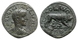 Gallienus (253-268). Troas, Alexandria. Æ (22mm, 8.38g, 12h). Laureate, draped and cuirassed bust r. R/ She-wolf standing r., suckling Twins. Bellinge...