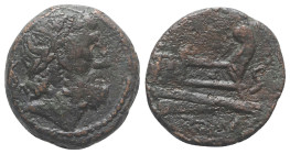 Anonymous, unofficial series (?), after 211 BC. Æ Semis (22mm, 8.51g, 6h). Laureate head of Saturn r. R/ Prow r.; S before. Cf. Crawford 56/3. Good Fi...