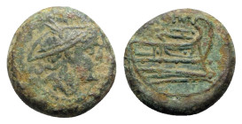 Anonymous, Rome(?), after 211 BC. Æ Semuncia (16mm, 3.30g, 11h). Head of Mercury r., wearing winged petasus. R/ Prow r. Cf. Crawford 56/8. Green patin...