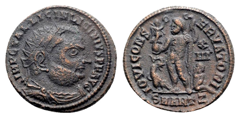 Licinius I (308-324). Æ Follis (19mm, 2.99g, 11h). Antioch, 321-3. Radiate, drap...