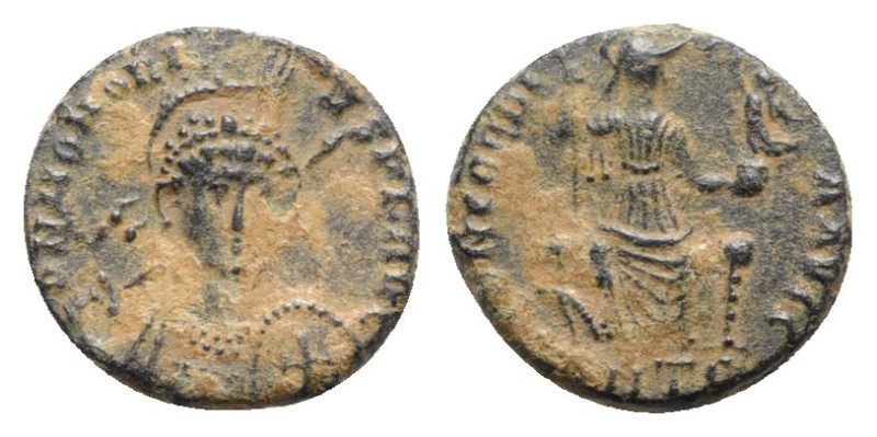 Honorius (393-423). Æ (16mm, 2.76g, 10h). Antioch. Helmeted head nearly facing, ...