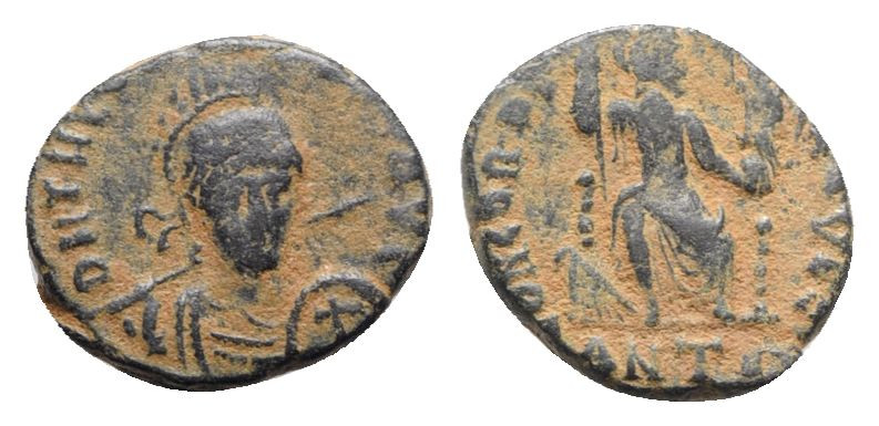 Theodosius II (402-450). Æ (15mm, 2.56g, 11h). Antioch. Helmeted, diademed and c...