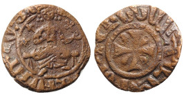 Cilician Armenia, Hetoum I (1226-1270). Æ Kardez (20mm, 3.65g). Sis mint. Hetoum seated facing on bench, holding lis-tipped sceptre and globus crucige...