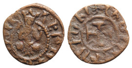 Cilician Armenia, Hetoum II (1289-1305). Æ Kardez (21mm, 2.82g). Hetoum seated facing holding cross and orb. R/ Cross pattée. Cf. AC 400. Near VF
