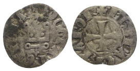 Principality of Achaea, Philippe de Taranto (1307-1313). BI Denier (18mm, 0.37g, 12h). Corinth. Cross pattée. R/ Château tournois. Metcalf, Crusades 9...