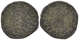 Italy, Ancona. Sisto V (1585-1590). BI Quattrino (17mm, 0.67g, 12h). Papal arms. R/ Saint standing facing. Muntoni 86. Near VF