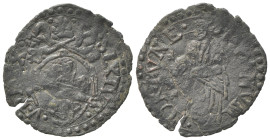 Italy, Papal States. Bologna, Sisto V (1585-1590). BI Quattrino (17mm, 0.48g, 10h). Papal arms. R/ St. Ciriaco standing facing. Berman 1376. Near VF