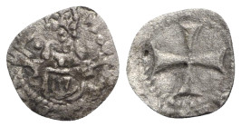 Italy, Rome. Senate, c. 14th-15th century. BI Picciolo (12mm, 0.39g). Roma seated facing, holding palm and globus cruciger. R/ Cross. Biaggi 2120. Nea...