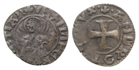 Italy, Venezia. Andrea Contarini (1367-1382). BI Tornesello (16mm, 0.69g). Cross. R/ Nimbate lion seated l., holding gospels. Paolucci 6. VF