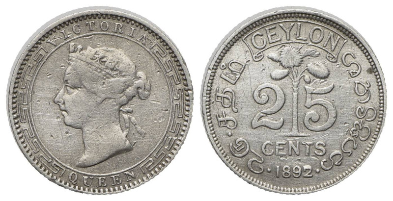 Ceylon (Sri Lanka), Victoria (1837-1901). AR 25 Cents 1892 (18mm, 2.86g, 12h). K...