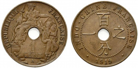 French Indo-Chine, 1 Cent 1919 (26.5mm, 5.06g, 6h). KM 12.1. Good EF