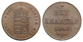 Hungary, War of Independence, 1848-1849. 1 Krajczár 1848 (26mm, 8.58g, 11h). KM 430. Near EF
