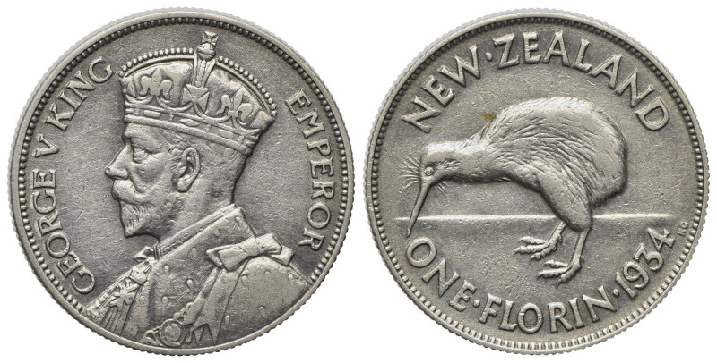 New Zealand, George V (1910-1936). AR 1 Florin 1934 (28mm, 11.28g, 12h). KM 4. G...